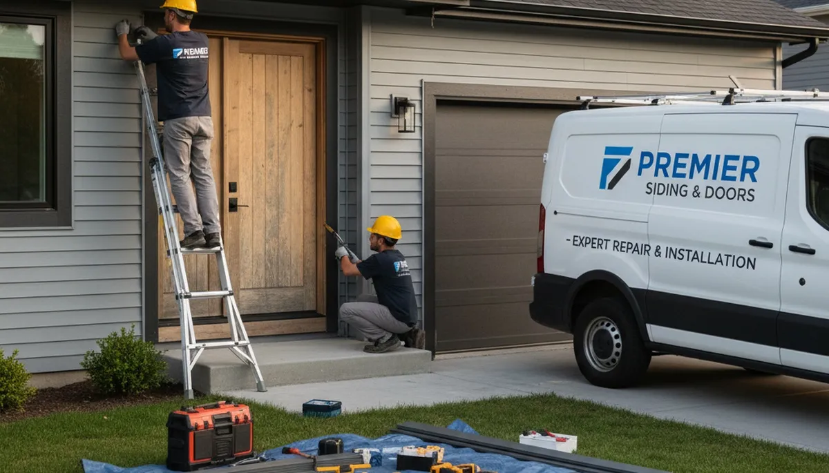 Technician repairing weathered exterior door at Tampa FL home by Next Level Exteriors