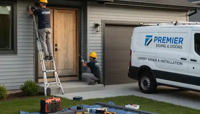 Technician repairing weathered exterior door at Tampa FL home by Next Level Exteriors