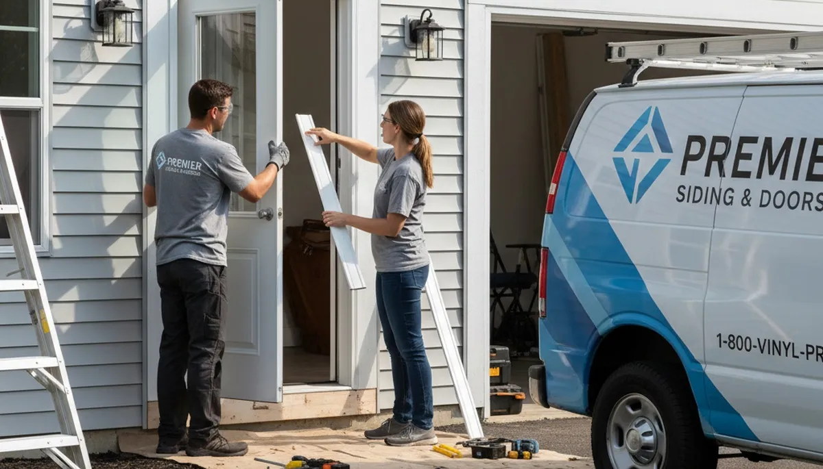 Technician repairing exterior door and vinyl siding at Tampa FL home by Next Level Exteriors