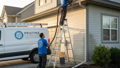 Technician cleaning home gutters on vinyl siding exterior in Tampa, FL