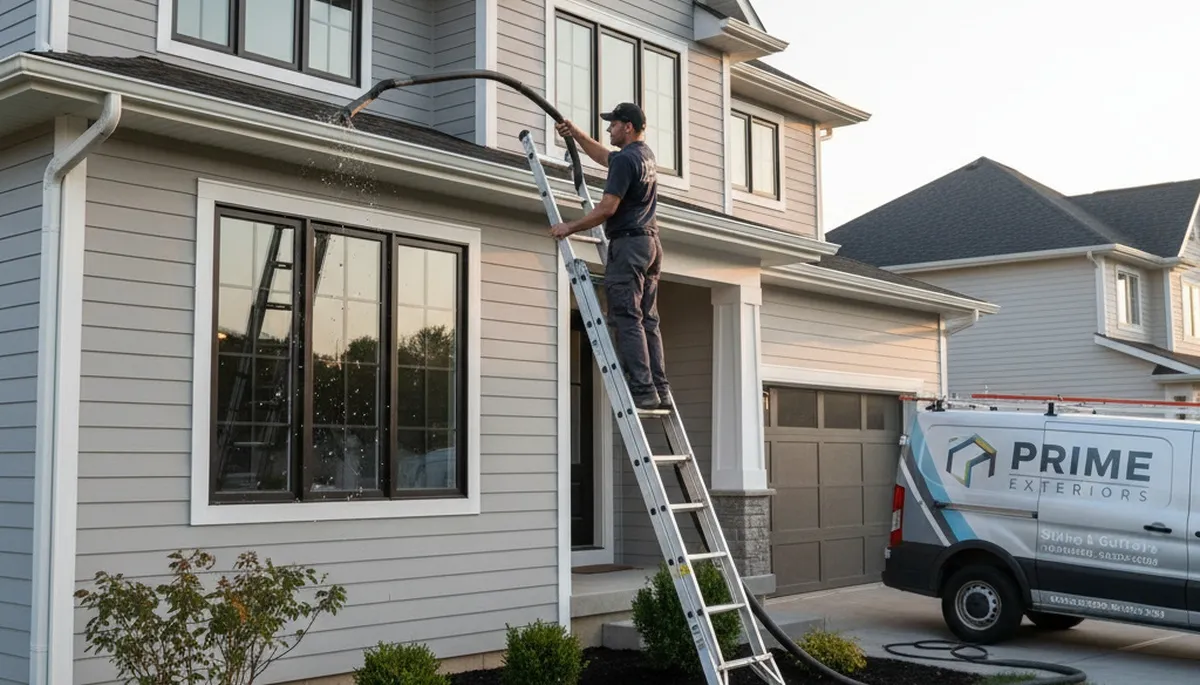 Technician cleaning home gutters near vinyl siding in Tampa, FL for Next Level Exteriors service page