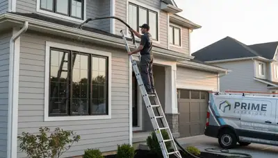 Technician cleaning home gutters near vinyl siding in Tampa, FL for Next Level Exteriors service page