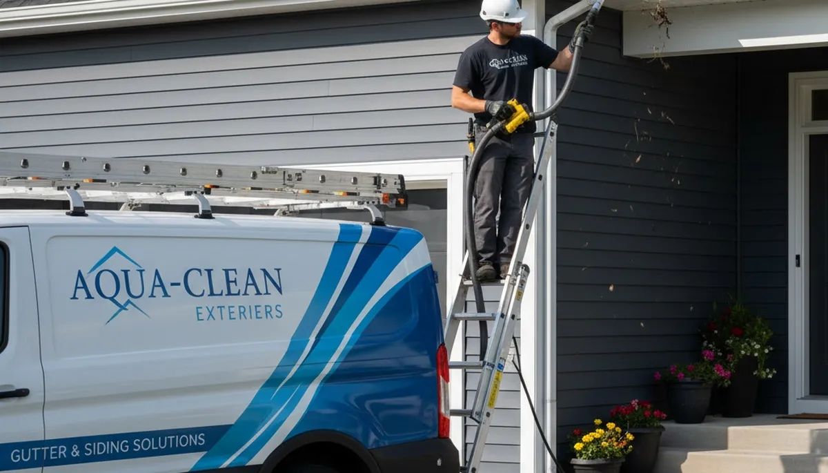 Technician cleaning home gutters and vinyl siding in Tampa, FL for Next Level Exteriors service