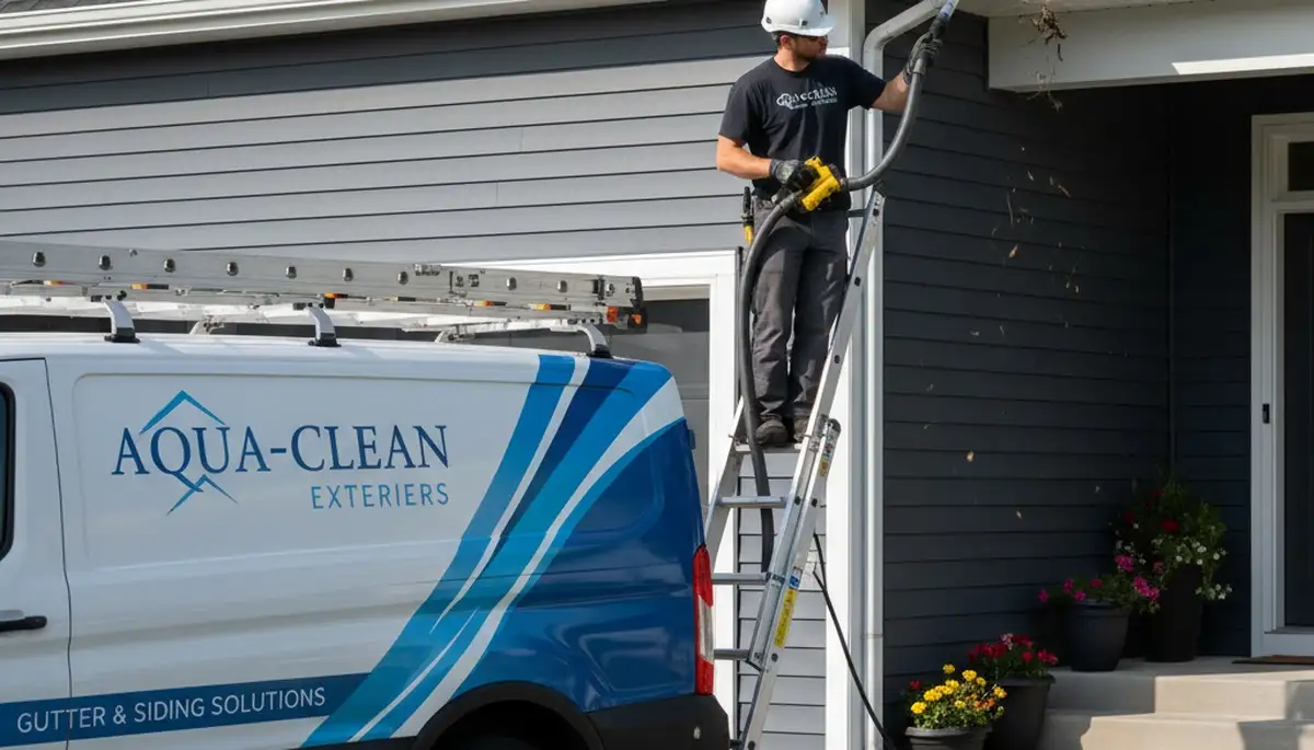 Technician cleaning home gutters and vinyl siding in Tampa, FL for Next Level Exteriors service