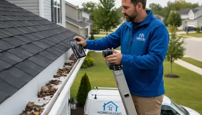 Technician performing gutter inspection on Tampa FL home with vinyl siding exterior