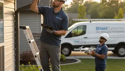 Technician performing gutter inspection on vinyl siding home in Tampa, FL
