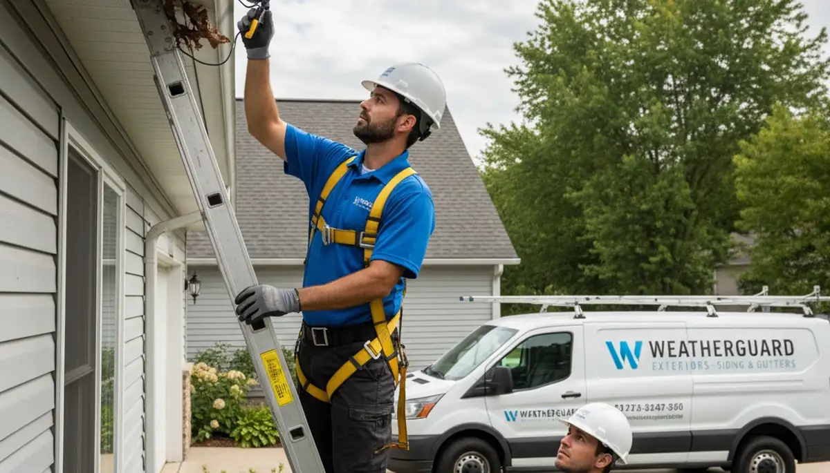 Technician performing gutter inspection on vinyl siding home in Tampa, FL
