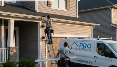 Technician repairing vinyl siding and gutters on Tampa FL home exterior by Next Level Exteriors