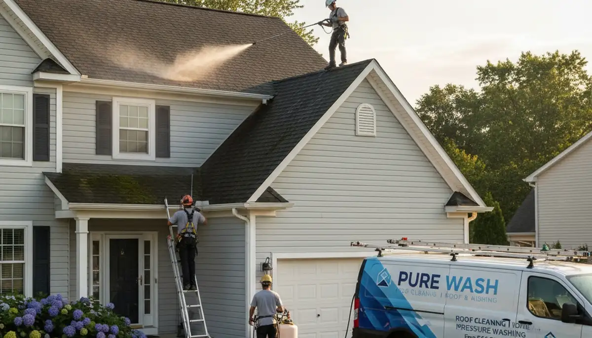 Professional roof cleaning service removing algae and debris in Tampa FL by Next Level Exteriors