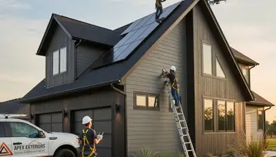 Technician performing roof inspection on Tampa, FL home exterior with vinyl siding