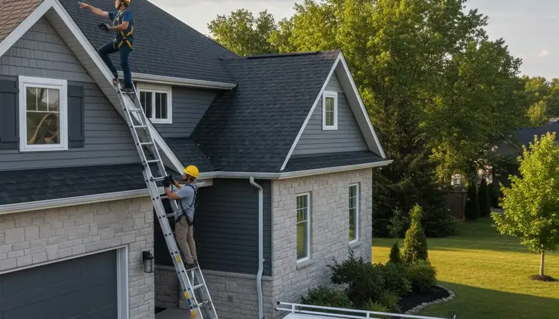 Roof inspection expert assessing vinyl siding and shingles on Tampa FL home exterior