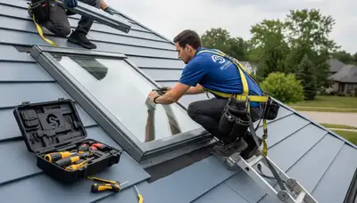 Technician performing skylight repair on vinyl-sided home in Tampa FL by Next Level Exteriors