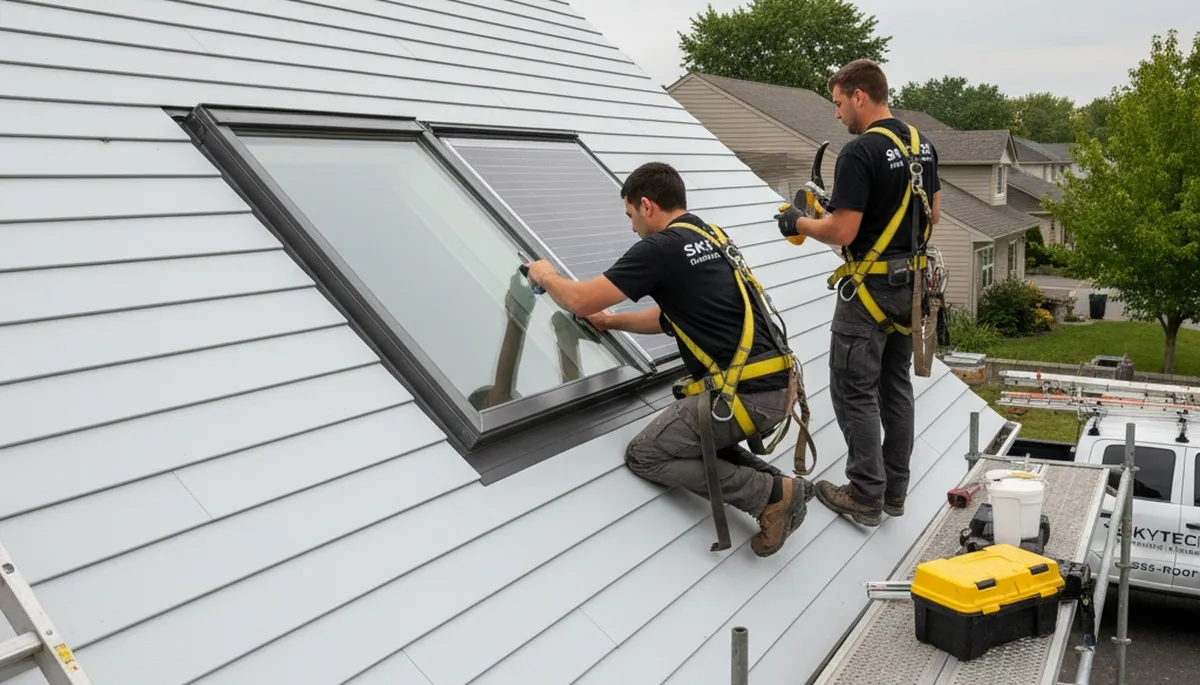 Technician repairing skylight on vinyl-sided home in Tampa FL for Next Level Exteriors service page