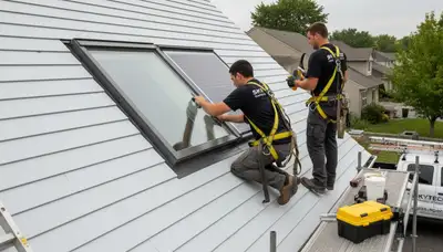 Technician repairing skylight on vinyl-sided home in Tampa FL for Next Level Exteriors service page