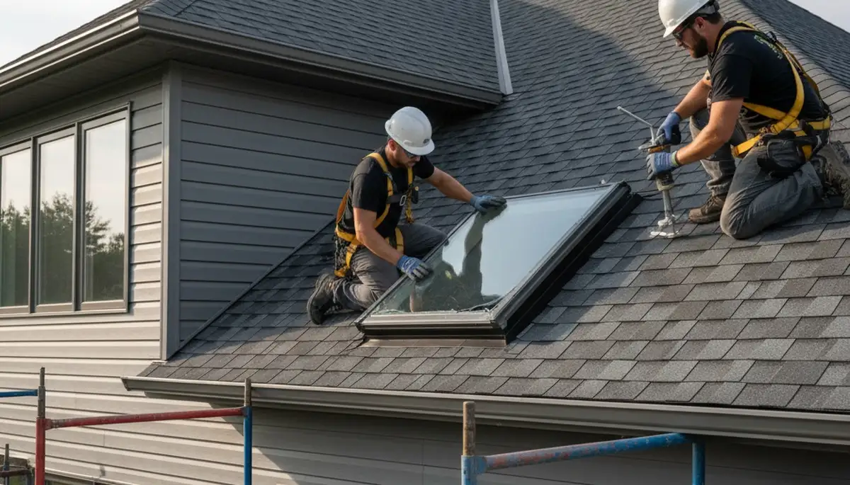 Technician repairing skylight with vinyl siding exterior on Tampa FL home by Next Level Exteriors