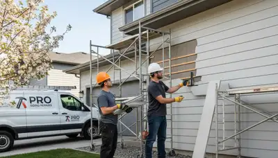 Technician repairing damaged vinyl siding on home exterior in Tampa, FL