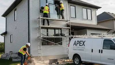 Technician repairing residential window frame with vinyl siding in Tampa, FL home exterior