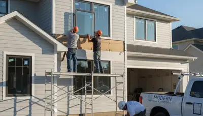 Vinyl siding and window repair experts working on a Tampa FL home exterior renovation