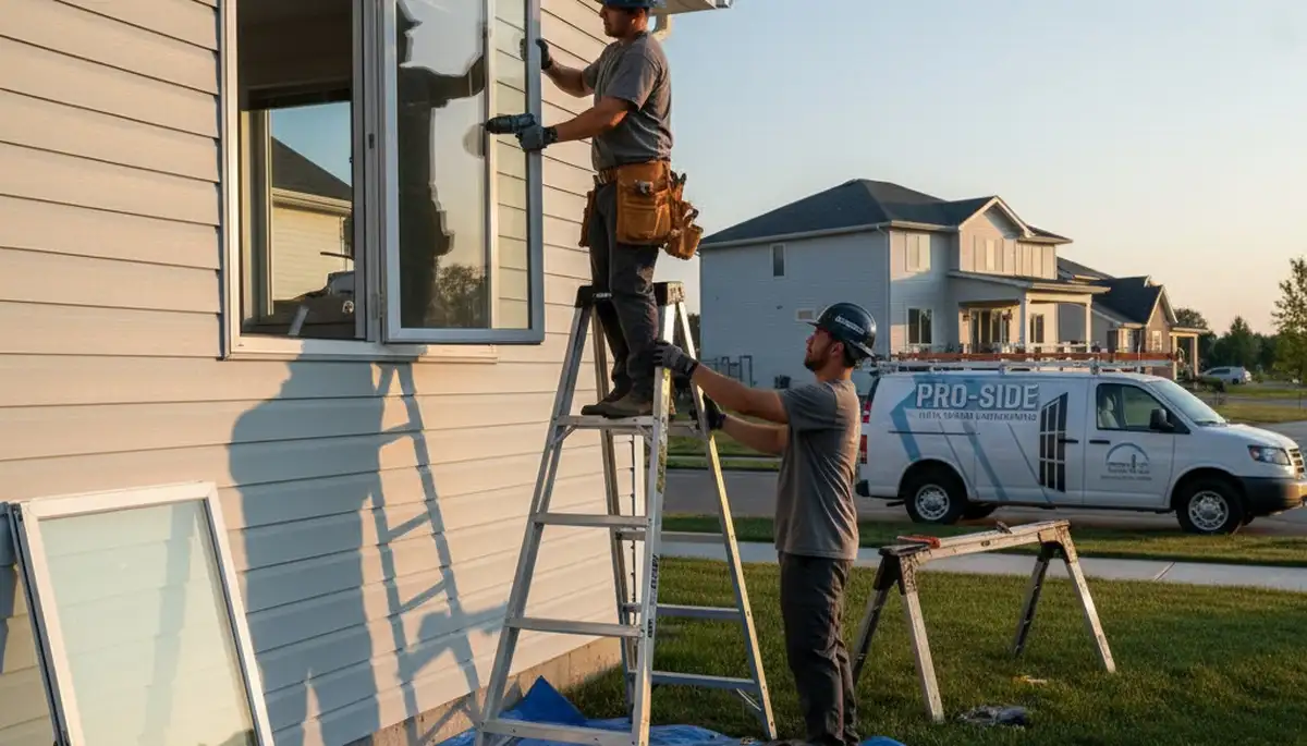 Technician repairing vinyl window frame on Tampa FL home exterior by Next Level Exteriors